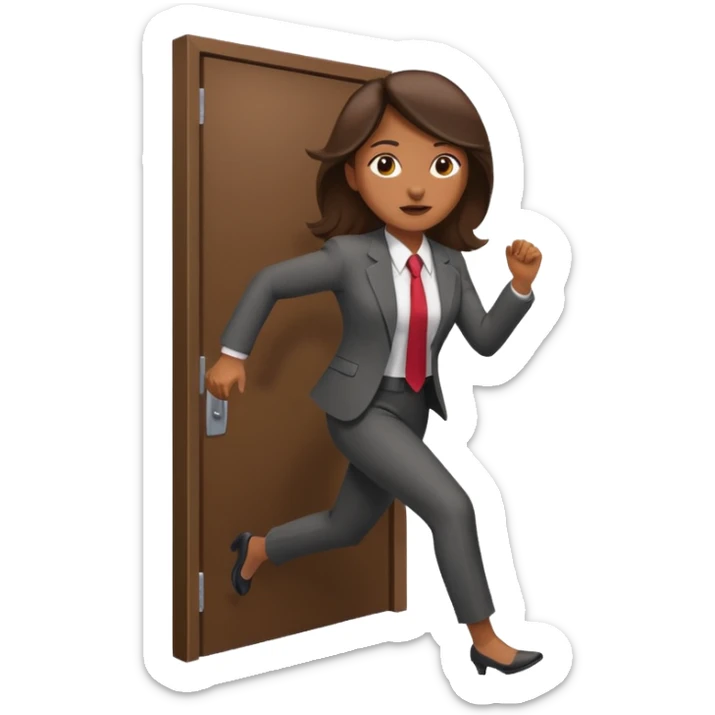 brown skinned female in business attire running out of door sticker