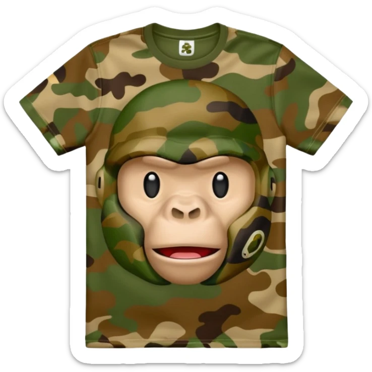 high quality emoji of a BAPE T-shirt featuring iconic camouflage pattern and ape head logo, clean detailed style sticker