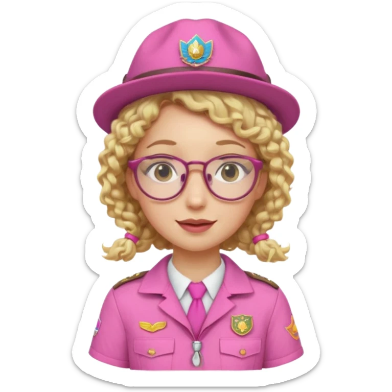 scout girl with pink scout uniform including hat, blonde curly haired and glassess sticker