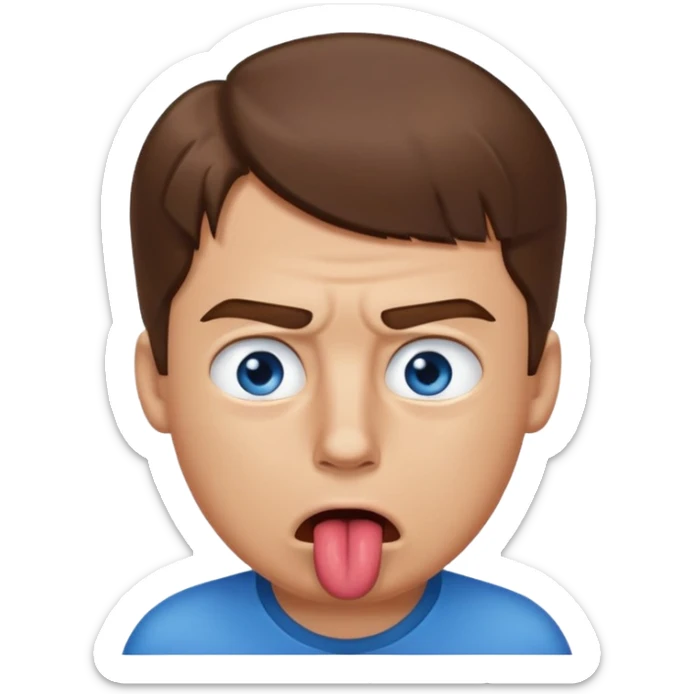 Un gars blanc brun au yeux bleu qui tire la langue sur le coter de la bouche et regarde mal sticker