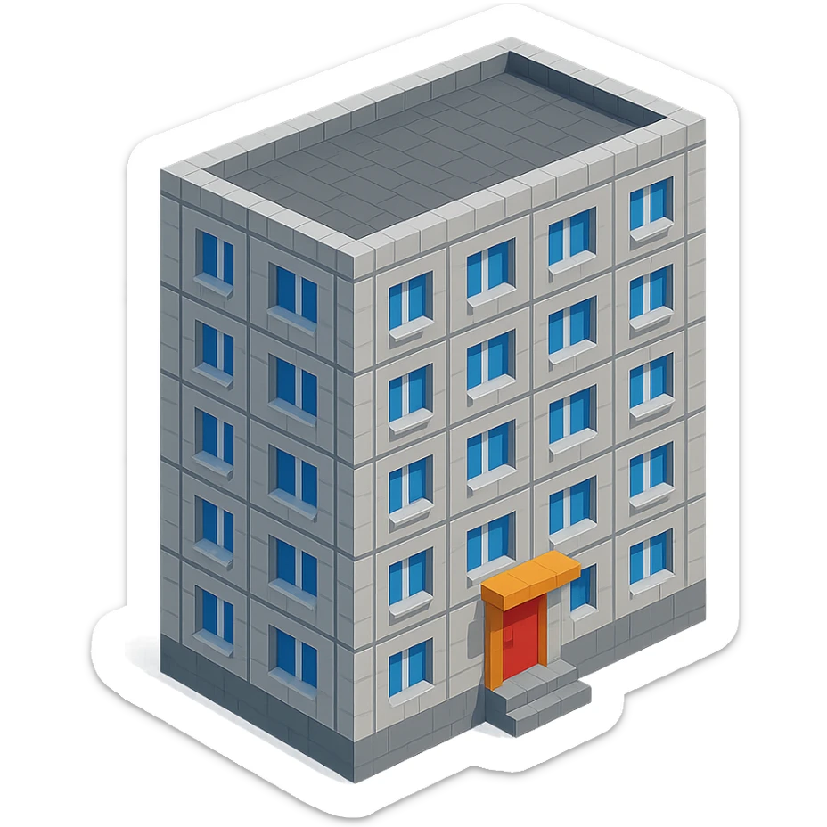 voxel style Russian panel apartment building, typical Soviet architecture, gray concrete, isometric view sticker