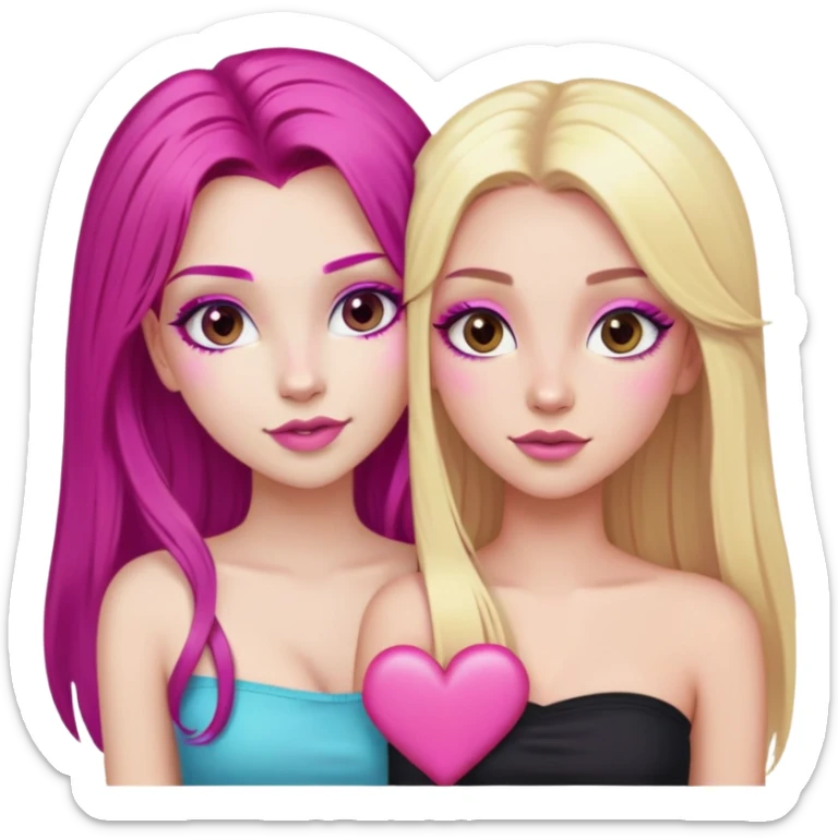 gorgeous long lashes pale girl with long magenta hair latina makeup next to a gorgeous blonde girl with blonde hair brown eyes and a light pink heart above them both wearing tube tops sticker