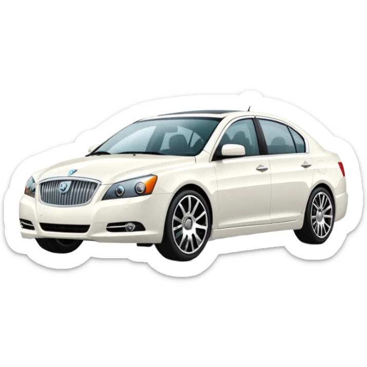 A cinematic, high-detail photograph of a glossy white Ravon Gentra 2013 sedan with tinted windows and custom alloy rims sticker