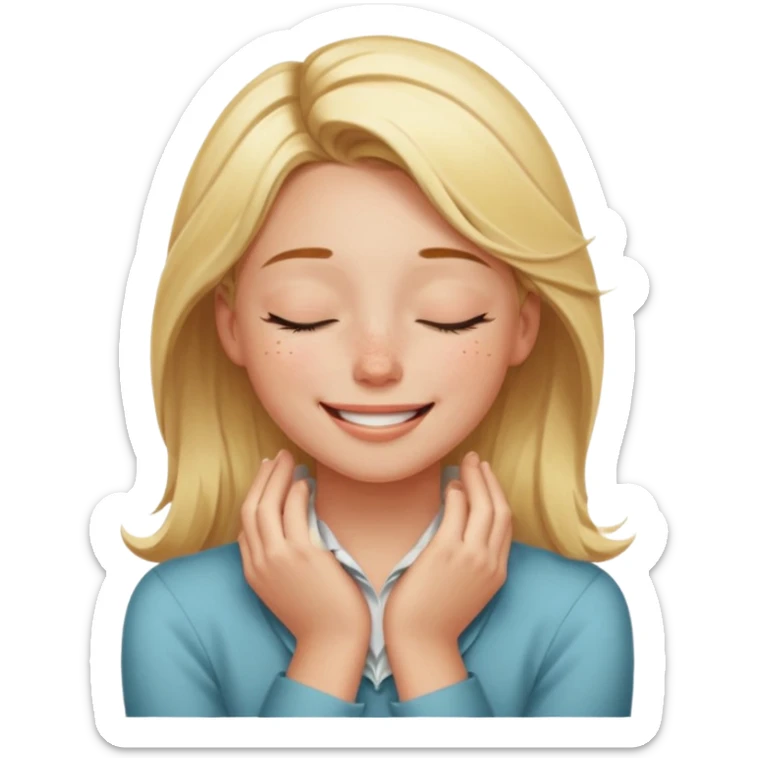 Happy blonde girl with eyes closed and mouth smiling and hands cupped around her neck sticker