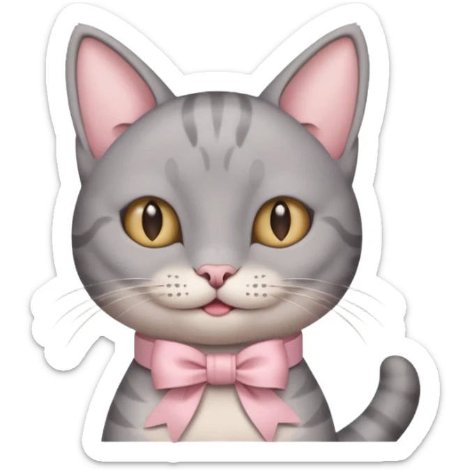 Head of a grey cat, smiling, with a loose ribbon on top of its head sticker