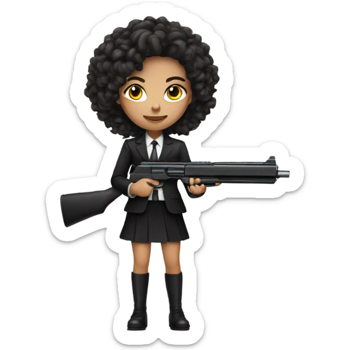 Brunette Girl with long curly hair in black suit with gun sticker