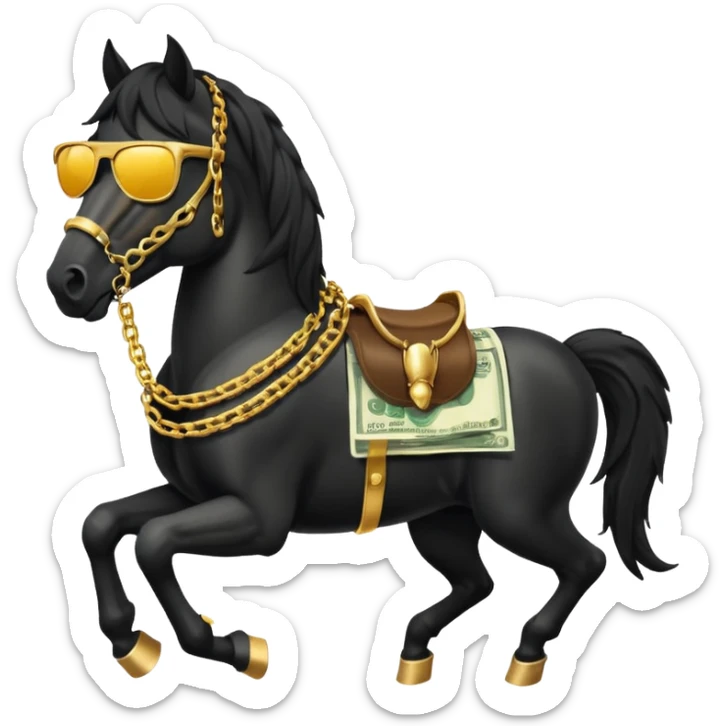 Black Horse looks gangster with Golden chains, sunglasses and Holds money sticker