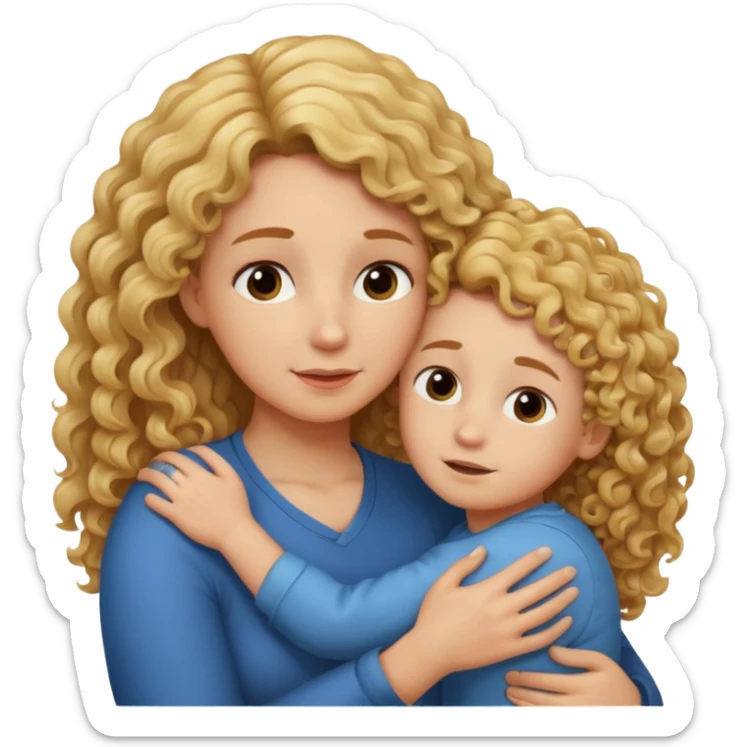 a mother with blond curly long hugging his son with brown hair and like saying its okay sticker