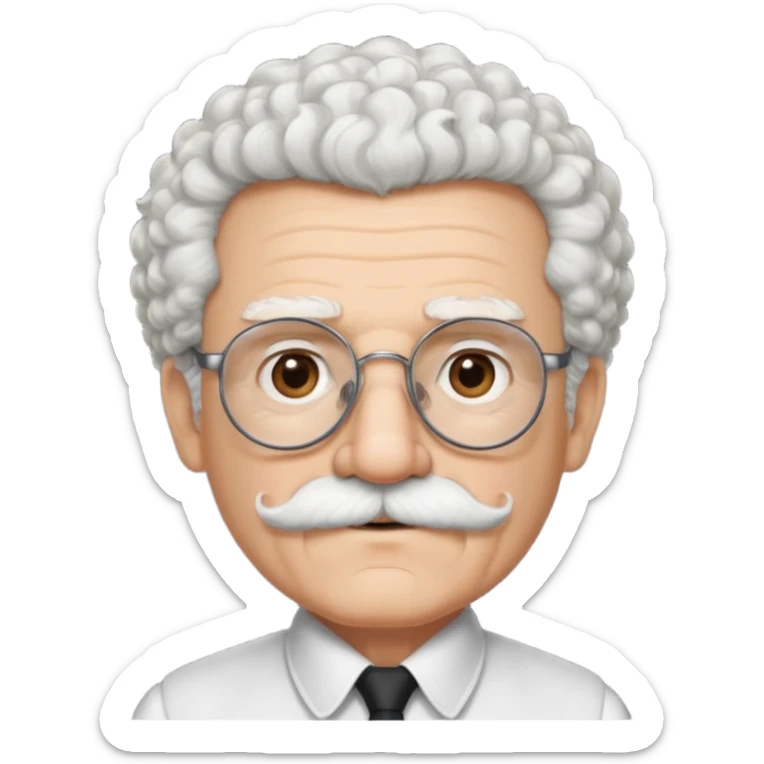 An elderly man emoji with light skin, fluffy curly white hair, thick white eyebrows, brown eyes behind black-framed glasses, a small nose, and neatly groomed white facial hair — a mustache and a short goatee. sticker