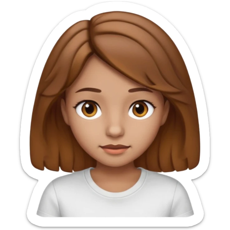 Create an emoji of a girl with little wavy hair, light brown, dark brown eyes, with a slightly glued white T-shirt, a slightly rounded nose, medium mouth, brown skin sticker