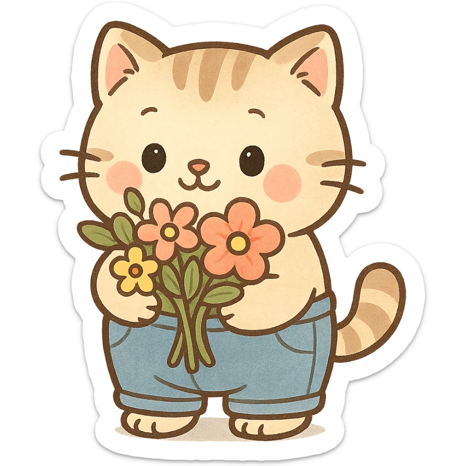 a chubby kitten wearing tiny pants and holding a bouquet of flowers, in a cute cartoon style sticker