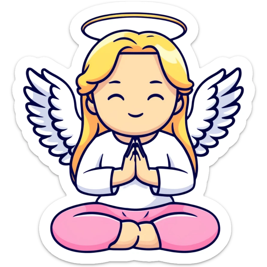 woman with long blonde hair as an angel meditating with pink cufflinks in her hair sticker