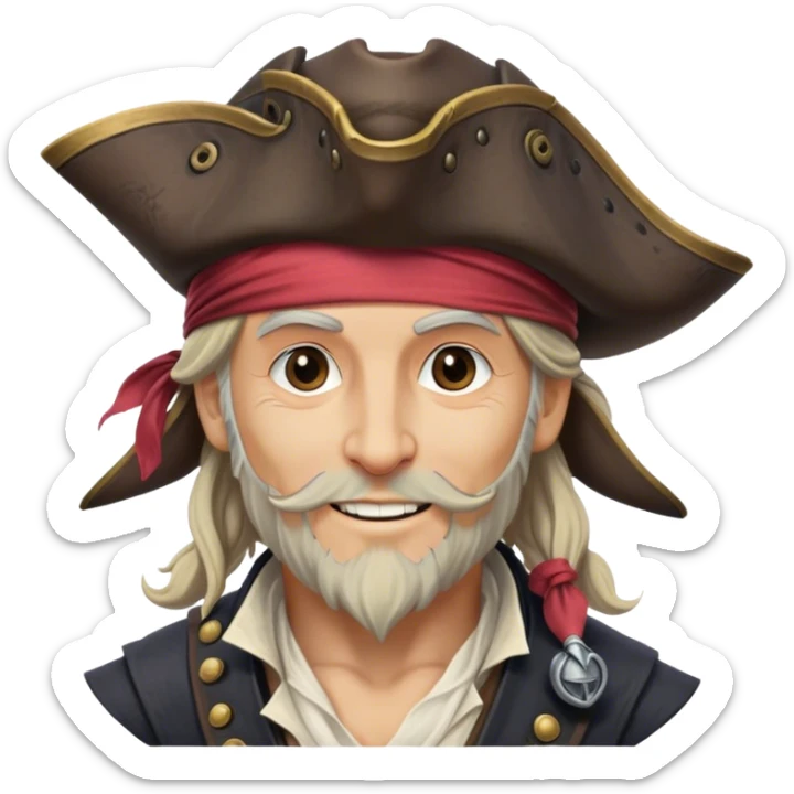 Clash of Clans aesthetic: Beautiful and Majestic Pirate Portrait Emoji, Rendered in serene confidence with a gentle, enigmatic smile and a regal tricorn hat, showcasing a distinguished, weathered build with a timeless bandana and soft, wise eyes in natural skin tone, Simplified yet exquisitely endearing features, highly detailed, glowing with a soft, drowsy maritime light, high shine, calm and heroic, stylized with an air of legendary seafaring elegance, soft glowing outline, capturing the essence of a majestic pirate whose noble spirit inspires epic adventures! sticker