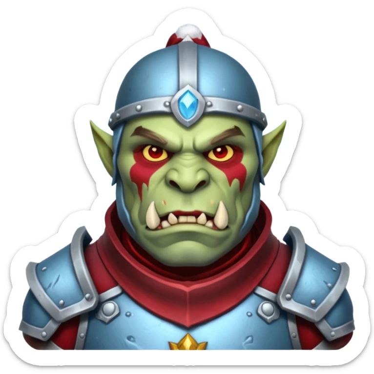 
Fantasy Christmas orc legion soldier icon, iron tundra army theme, heavy winter armor, disciplined brutal look, icy blue steel armor with deep crimson accents, frozen metal texture, cold winter atmosphere, male variant sticker
