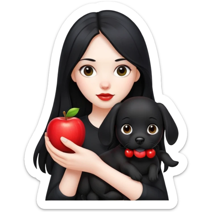 A girl with long black hair wearing black clothes holding a black dog in one hand and an apple in the other hand sticker