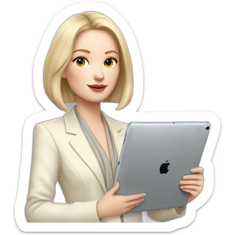 pale skin woman with ash blonde Straightened bob Hair, White Spacious classical jacket, beige palazzo Arrow pants and gray blouse holding a IPad Pro 12.9” in the hands sticker