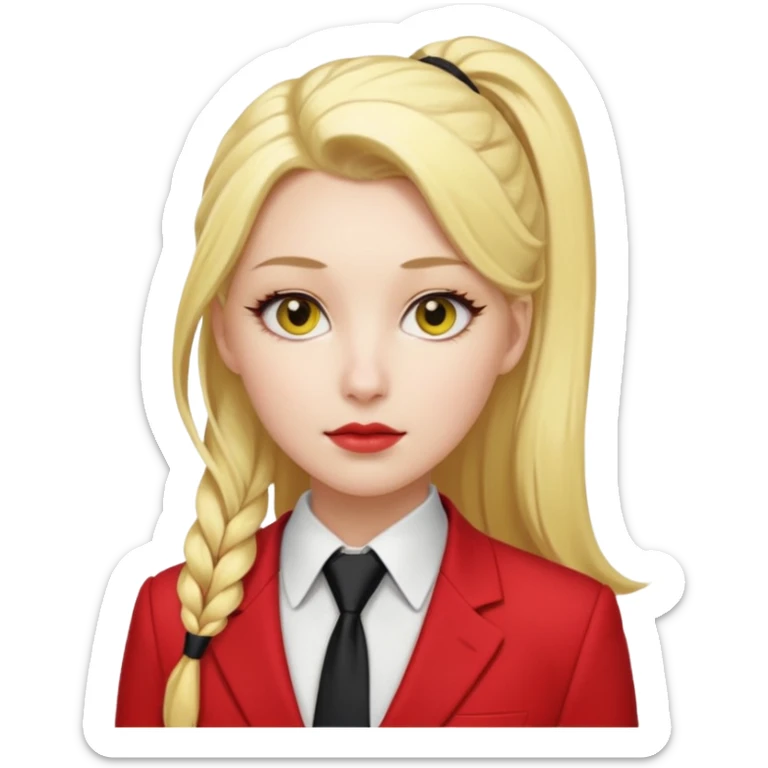 Woman with porcelain white skin, thick blonde hair that's in a thick, long ponytail, has a black tipped nose, yellow scleras, red pupils, and a red suit with a black tie. sticker