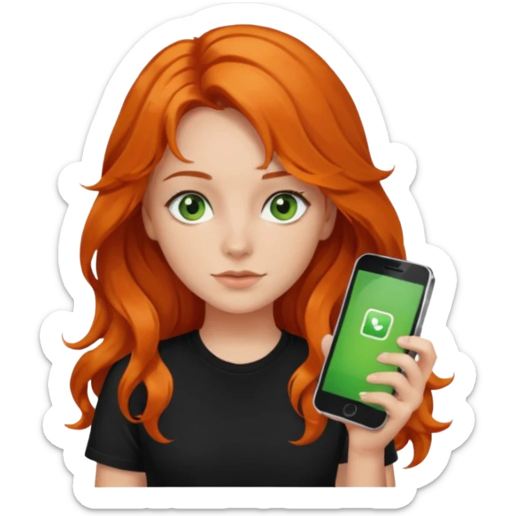 Girl with dark long orange wavy hair, green eyes, and black t-shirt and phone with app on hand sticker