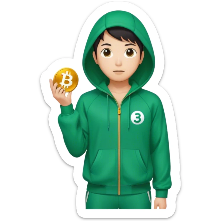 "Squid Game asian player emoji, green tracksuit with number 333, Bitcoin symbol ₿, representing his involvement with cryptocurrency sticker