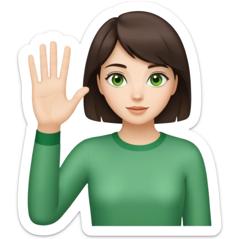 brunette girl with short hair and green eyes waving greeting with one hand brunette girl with green eyes waving greeting with one hand sticker