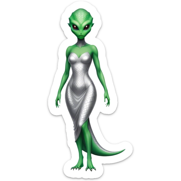 Green Alien reptilian woman in silver dress, full figure sticker