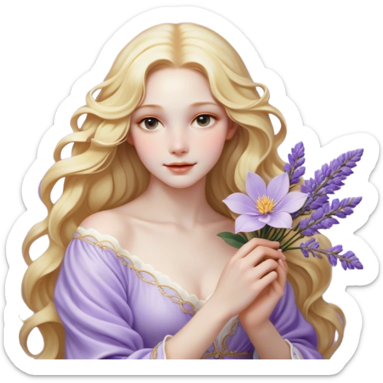 Cinematic Realistic Rapunzel Portrait, with porcelain-like skin featuring a subtle, natural glow, illuminated by soft lighting that brings out the gentle contours of her face. Her long, golden blonde hair cascades in detailed waves, each strand highlighted with a radiant shimmer as it catches the light. She playfully holds a flower in one hand, her other hand resting casually in her lap, with a warm and spirited expression. Her bright, expressive green eyes exude curiosity and warmth, framed by delicate lashes and soft, arched brows. She is dressed in her classic lavender and pink gown, the fabric textured with delicate folds that flow naturally, catching the light with a soft, radiant glow. The portrait captures a luminous, enchanting aura, seamlessly blending realism with a whimsical, fairytale charm, evoking a timeless sense of beauty and magic. sticker