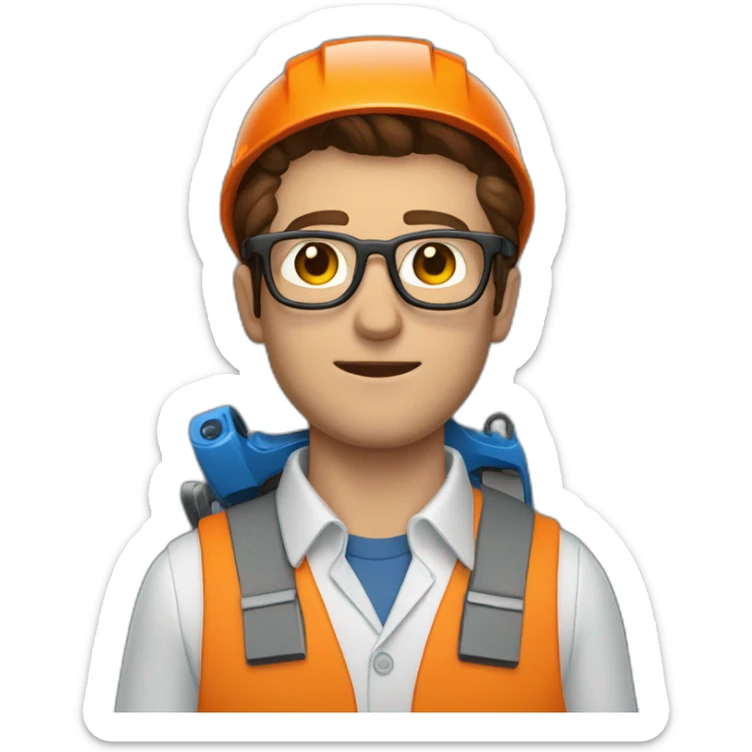 a guy with brown hair, square glasses, an orange repairman's suit, blue eyes, with a chainsaw sticker