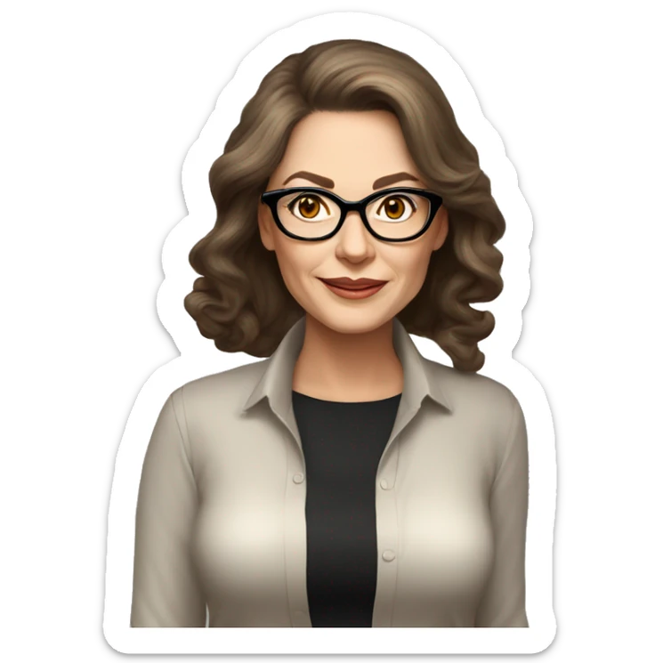 50 years old girl
long brown hair with volume styling
light skin
glasses with refined frame
Brown eyes with cat eye liner
black silk shirt with long sleeves sticker