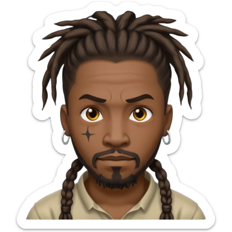 
1 black man, fierce face, scar on face, dreadlock hair tied back emoji
 sticker