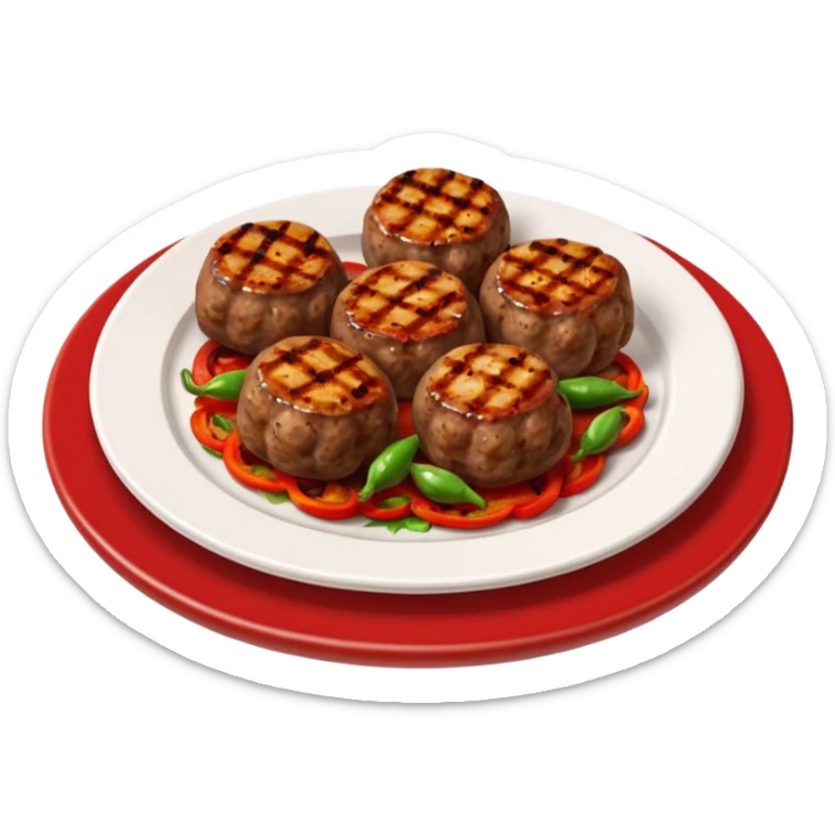Akçaabat meatballs object icon, grilled Turkish kofte pieces on a plate, smoky char marks, juicy texture, served with grilled peppers and tomatoes, 3D cartoon, mobile game icon style, centered, clean background, no text, no watermark
 sticker