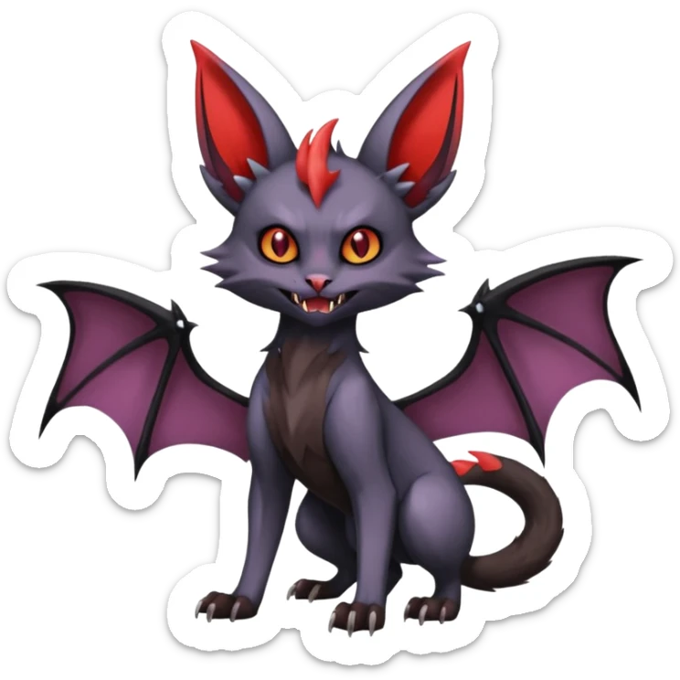 dark edgy dull pointy edgy Noivern-Noibat-Purloin-Torracat-Lykoi-Caracal-cat-Fakemon-fusion-hybrid-creature, with bat-wings on head as ears sticker