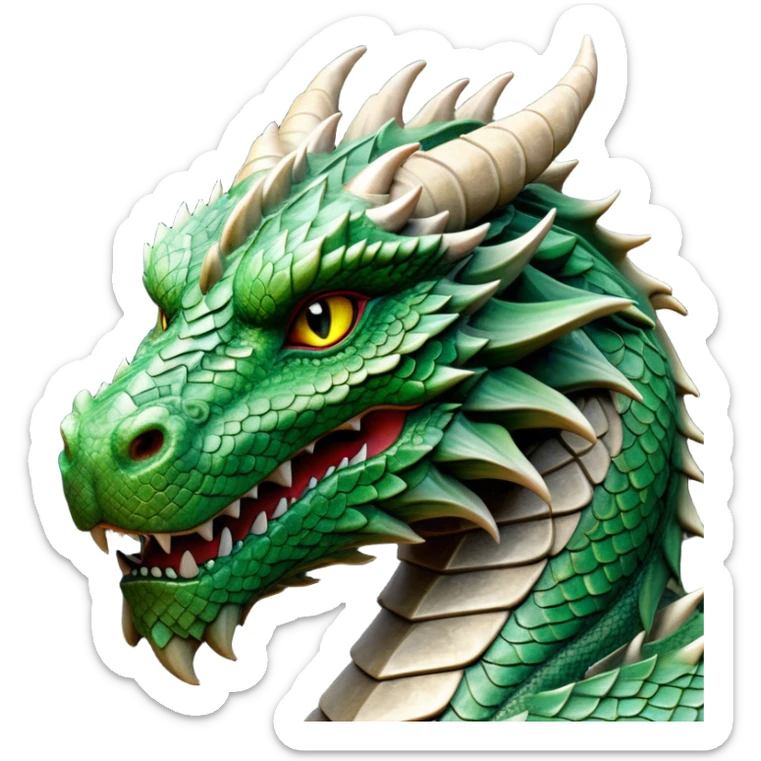 Cinematic Noble Giant Green scaled Dragon Portrait Emoji, Poised and awe-inspiring, with a massive, rugged form carved from ancient stone, featuring intricately textured scales that resemble weathered granite and basalt, and piercing, stony eyes echoing the strength of timeless mountains; rendered with lifelike detail and earthy natural highlights, high shine, formidable and grounded, styled with an aura of primordial majesty, focused and resolute, soft glowing outline, capturing the essence of an enduring rock titan ready to surge from the screen with ageless power! sticker