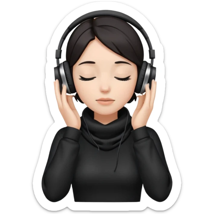 Girl with dark hair, wearing a black cowl neck top, wearing headphones, her hands are on her ears, and her eyes are close sticker