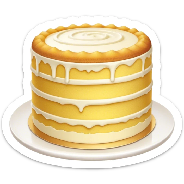 Cinematic Realistic Simple Vanilla Cake, a perfectly baked golden sponge with soft, airy layers, delicate vanilla frosting smoothly spread across the top, tiny flecks of vanilla bean visible, warm golden lighting creating depth, glowing with a sweet, irresistible charm. sticker