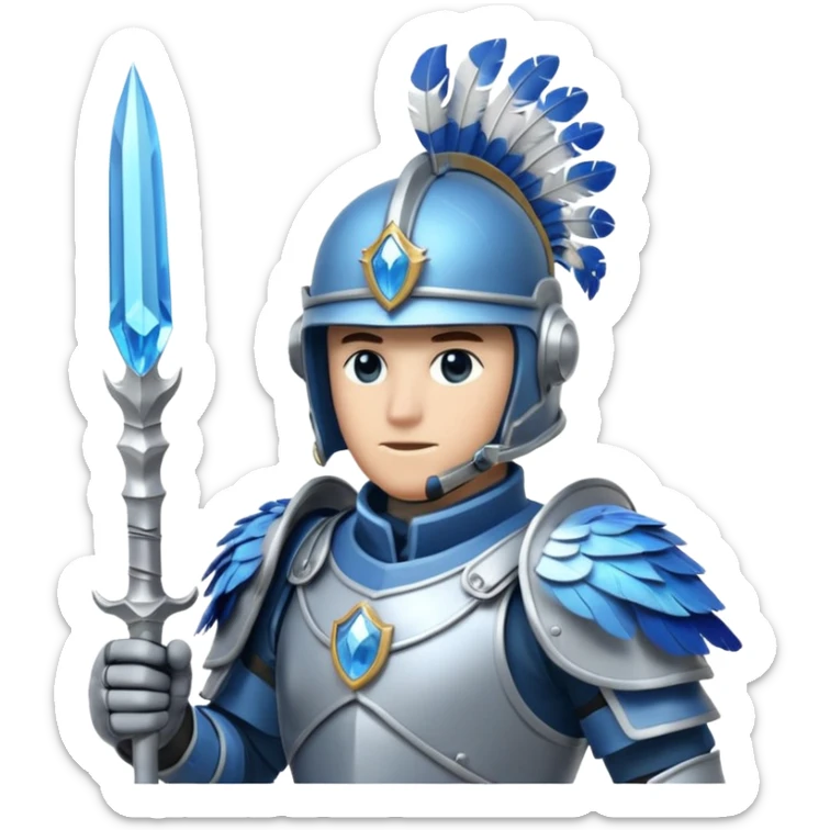 soldat en armure légère de couleur argentée et bleue, presque translucide, tenant une lance ornée d'un cristal. Son casque est stylisé avec des plumes d'oiseau. Il se tient devant un fond de nuages vaporeux. sticker