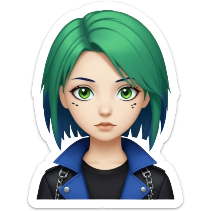 woman with white skin and green eyes, her hair is shoulder length black with navy blue hime cut layers, wearing green and blue y2k and punk themed clothes  sticker