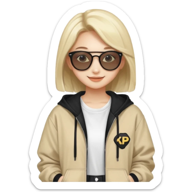 portrait of young woman idol in Kpop style, wearing streetwear outfit, wearing sunglasses sticker