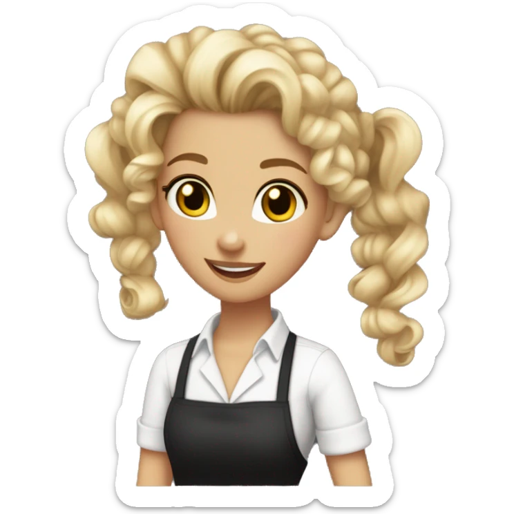 Waitress with white shirt and black apron, curly blonde hair in a pony tail, hazel eyes, lots of bohemian/hippie jewelry and lots of bracelets  sticker