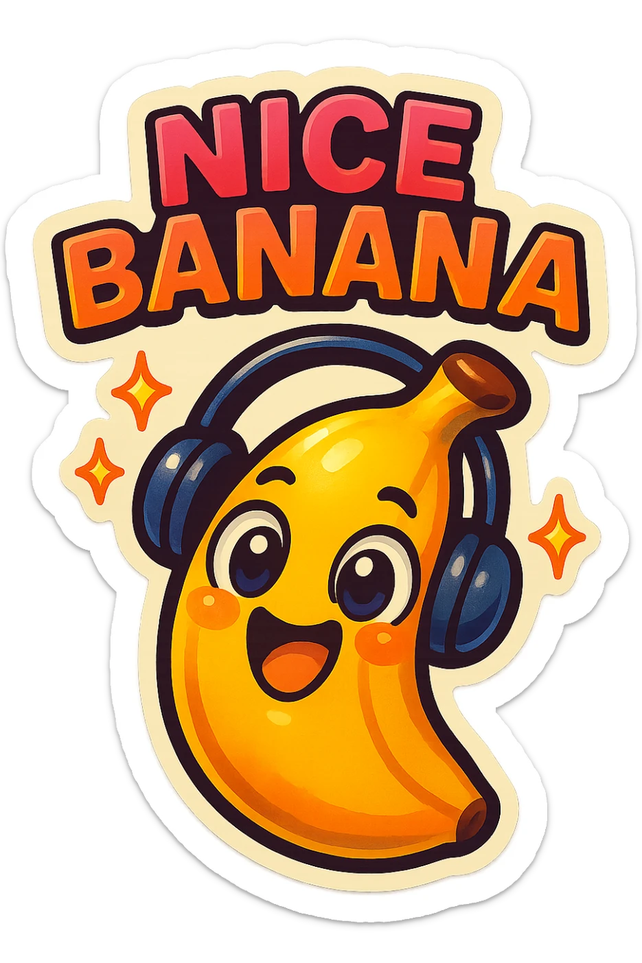 Funny cartoon banana, big happy smiling face, wearing tiny headphones, wide excited eyes, tiny sparkles around, text above: "NE BANANA", chibi style, Twitch emoji style, colorful, transparent background sticker