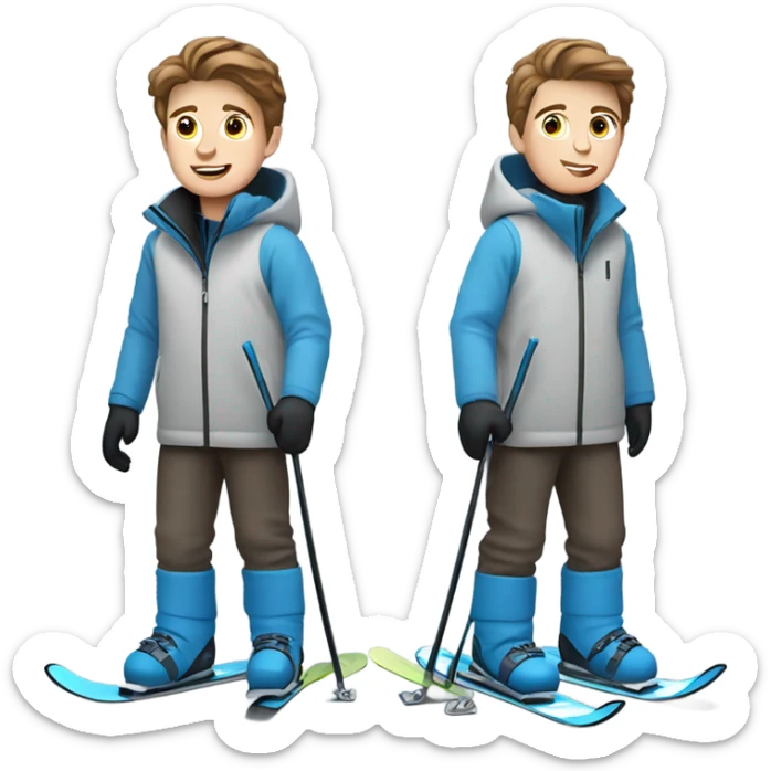 White boy with brown hair skiing on blue skis. Wearing a light gray coat. And a pair of black snow pants.  sticker