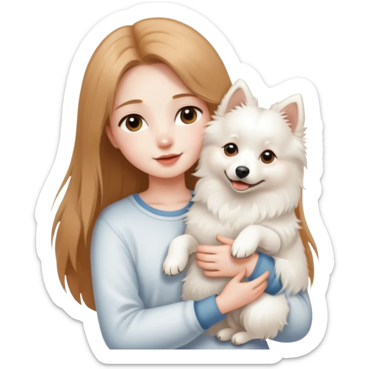 long light brown hair girl with pale skin holding one white Japanese spitz dog in her arms sticker