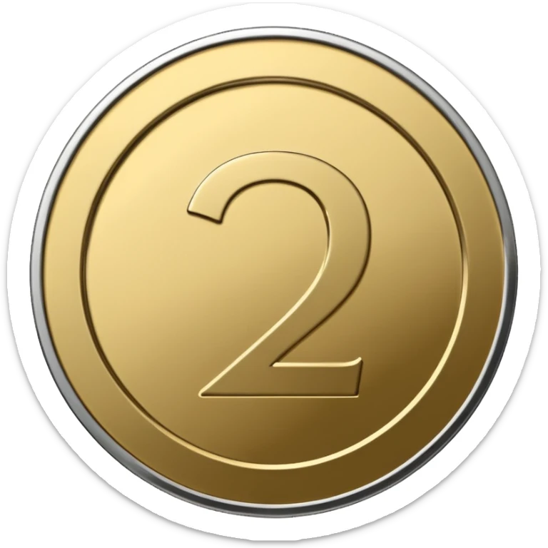 Emoji icon of a metal coin with engraved number 2, minimalist style, isolated, only metal color sticker