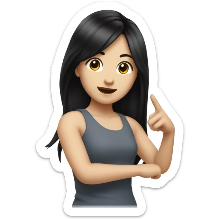 amiling asian girl with white skin twirling black straight hair with her finger  sticker
