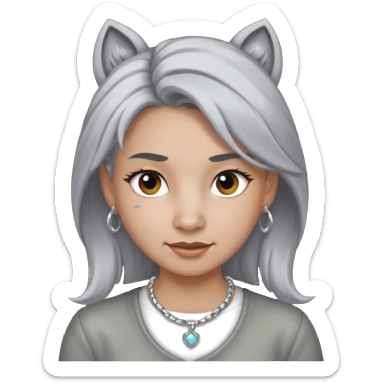 Female with Silver Necklace, grey skin,pony hair, more bright silver,highlight necklace, different expressions. sticker