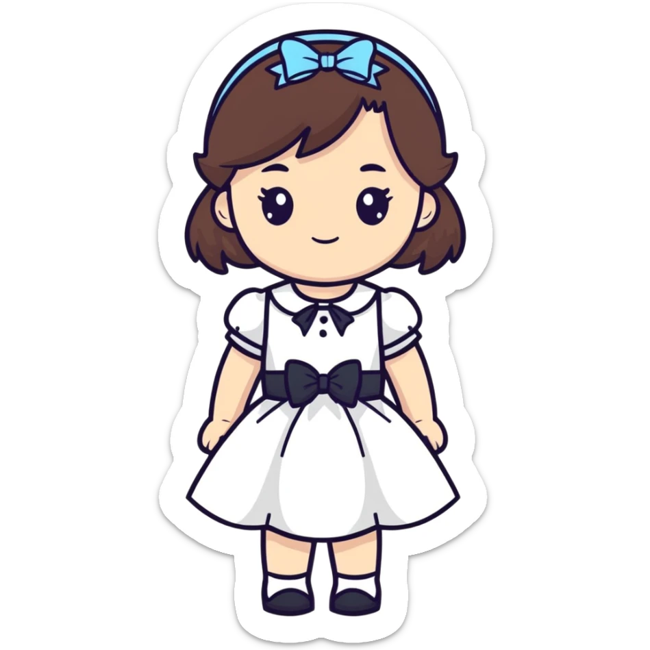 a beautiful brunette white girl wearing dress and a bow sticker