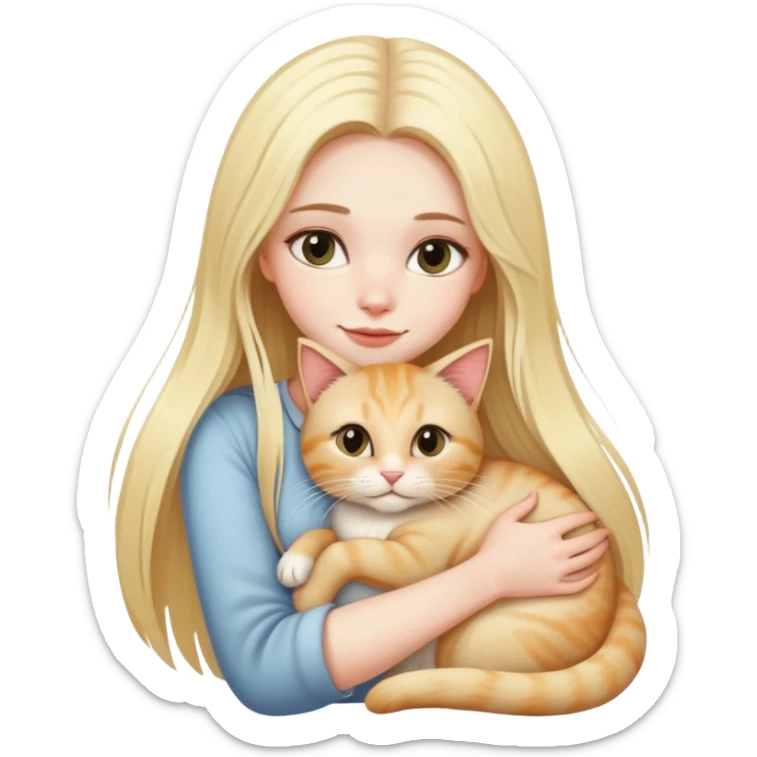 pretty woman with pale skin, very long blonde hair hugging a cat sticker