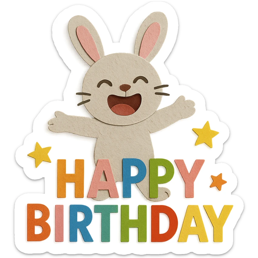 full-body laughing bunny hugging "Happy Birthday" letters with stars, paper-craft style sticker