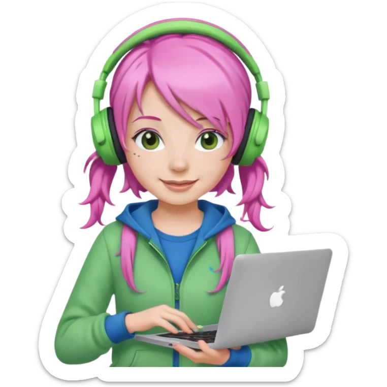 Create an emoji of a woman with pink hair tied into two pigtails. She is a game streamer, wearing green headphones, holding a MacBook, and dressed in a blue outfit. sticker