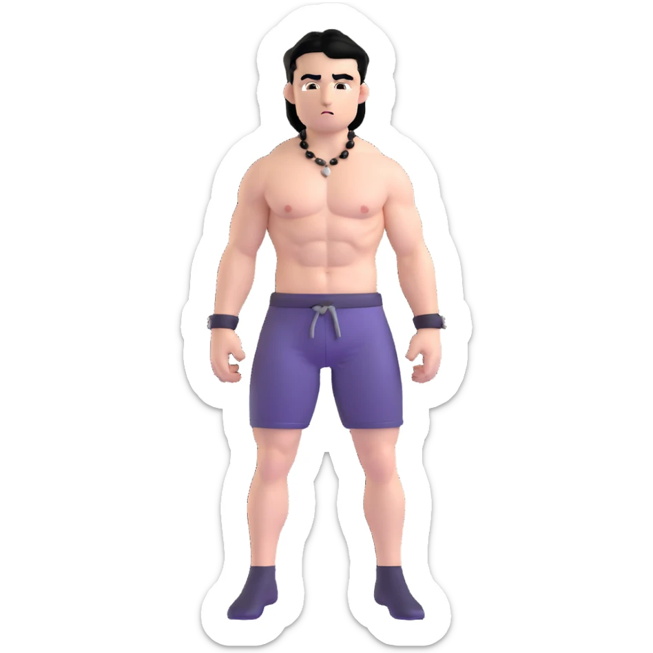 young white man with black hair, muscular, shirtless with prominent nipple piercings, nipple rings sticker