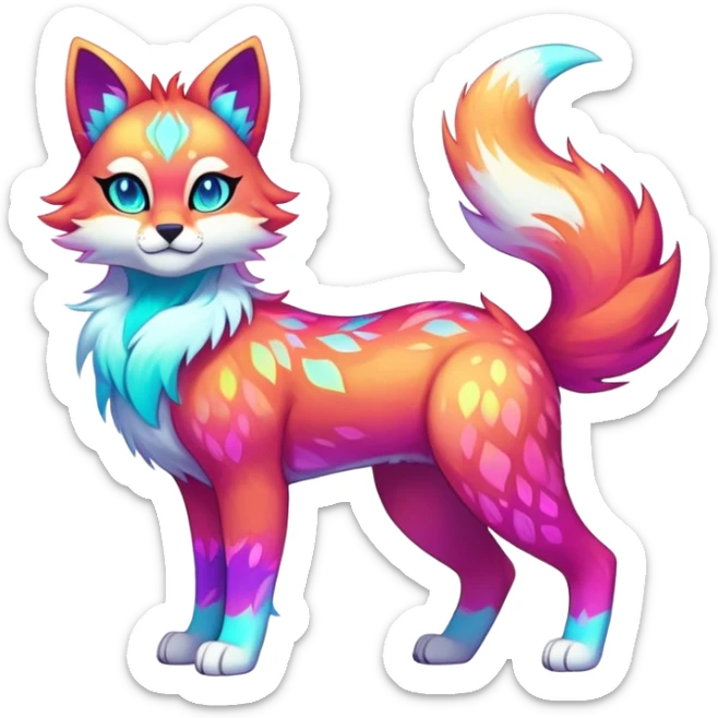Vibrant multicolored neon-colored Falvie-Fionbri-creature-sparkle-feline-canine-hybrid-fursona, full body, fur pattern-markings sticker